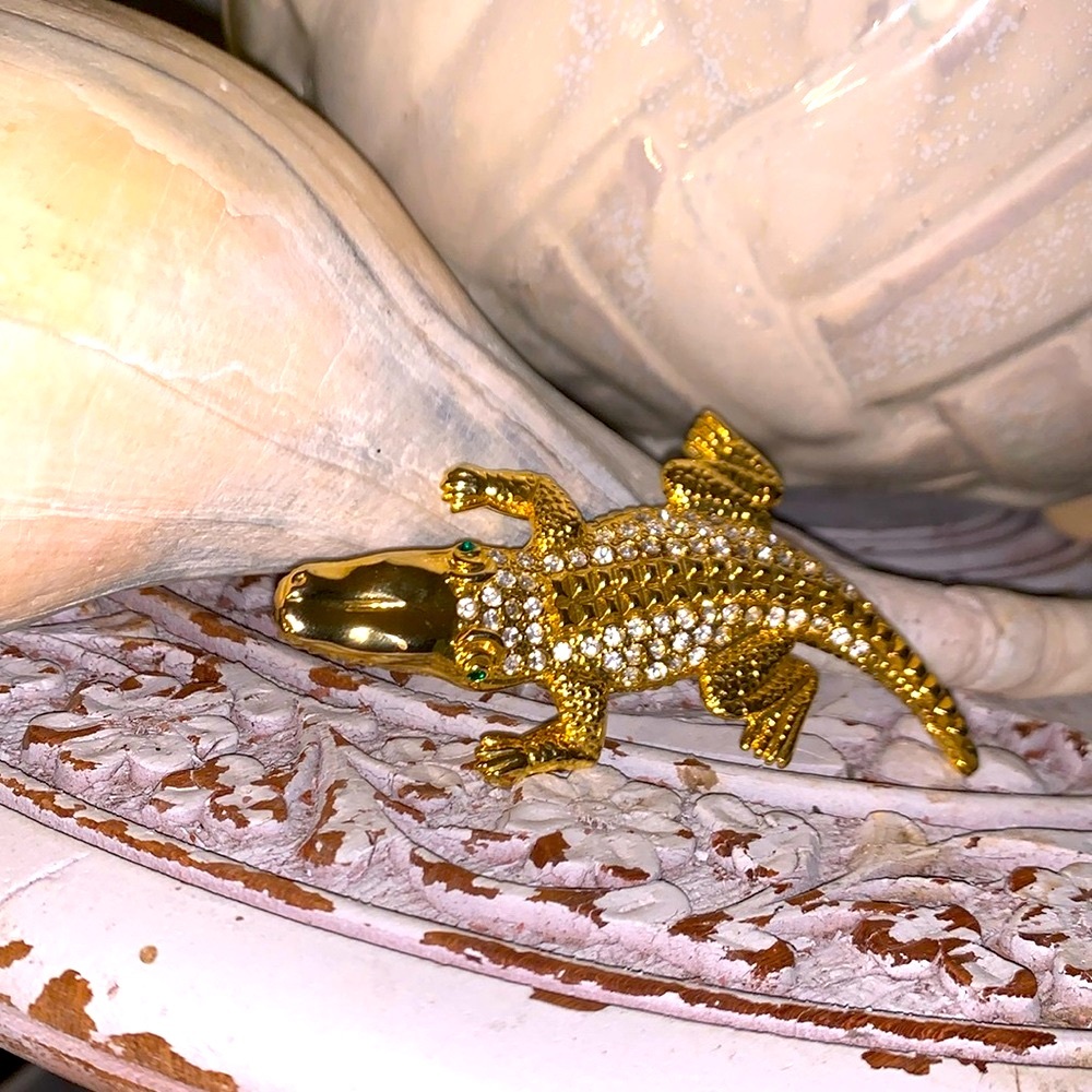 Gold Alligator Brooch with Crystal Accents - Women Jewelry Brooch